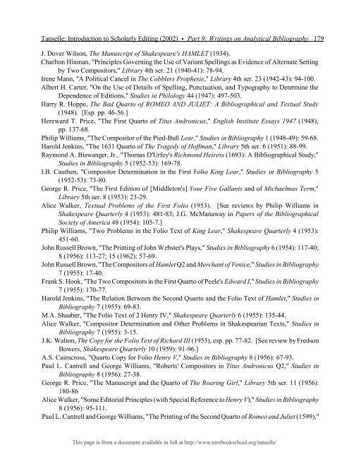 INTRODUCTION TO SCHOLARLY EDITING ... - Rare Book School