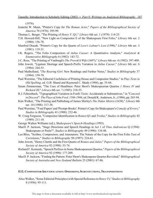 INTRODUCTION TO SCHOLARLY EDITING ... - Rare Book School