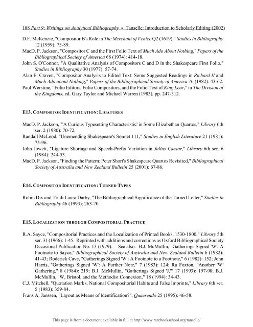 INTRODUCTION TO SCHOLARLY EDITING ... - Rare Book School