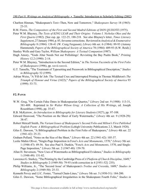 INTRODUCTION TO SCHOLARLY EDITING ... - Rare Book School