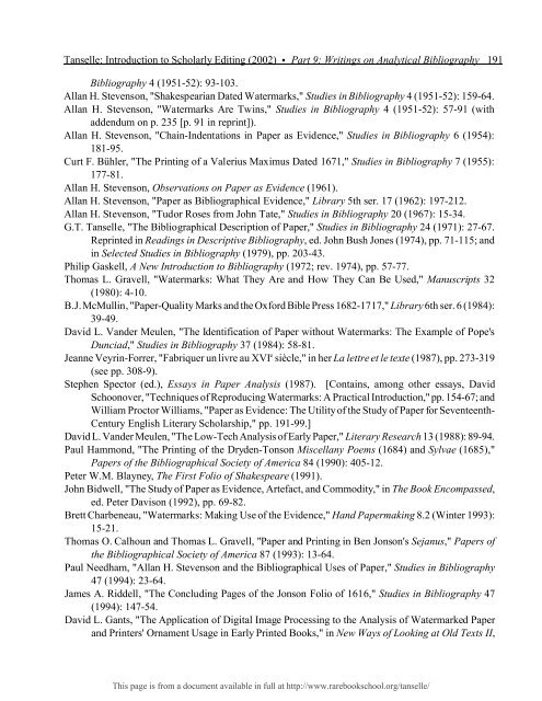 INTRODUCTION TO SCHOLARLY EDITING ... - Rare Book School