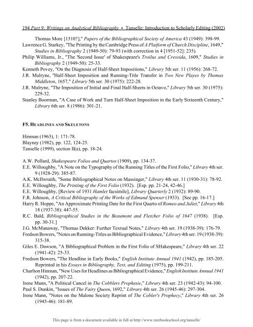 INTRODUCTION TO SCHOLARLY EDITING ... - Rare Book School