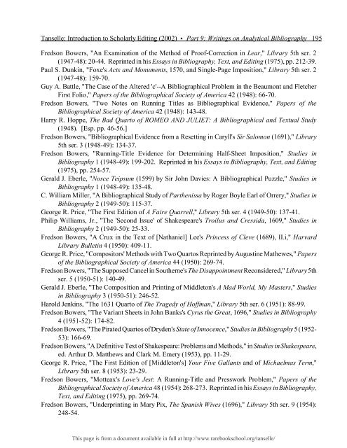 INTRODUCTION TO SCHOLARLY EDITING ... - Rare Book School