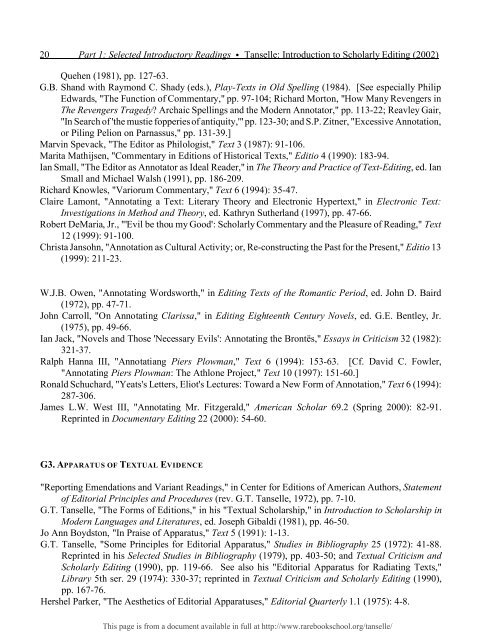 INTRODUCTION TO SCHOLARLY EDITING ... - Rare Book School