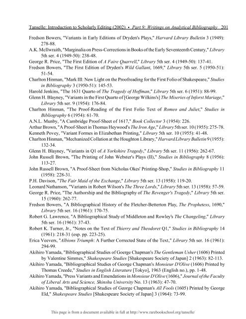 INTRODUCTION TO SCHOLARLY EDITING ... - Rare Book School