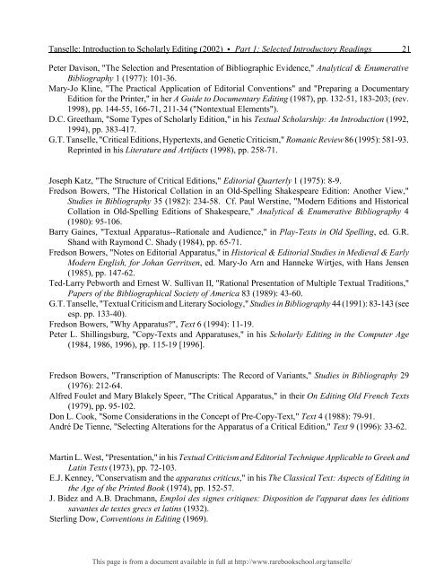 INTRODUCTION TO SCHOLARLY EDITING ... - Rare Book School