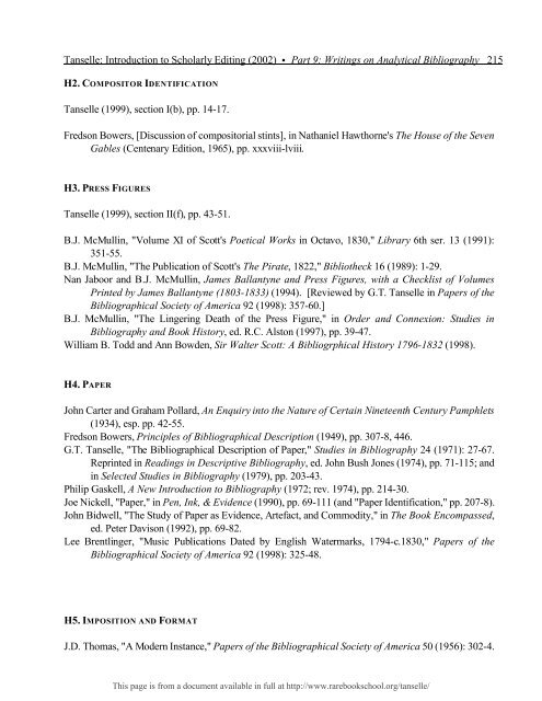 INTRODUCTION TO SCHOLARLY EDITING ... - Rare Book School