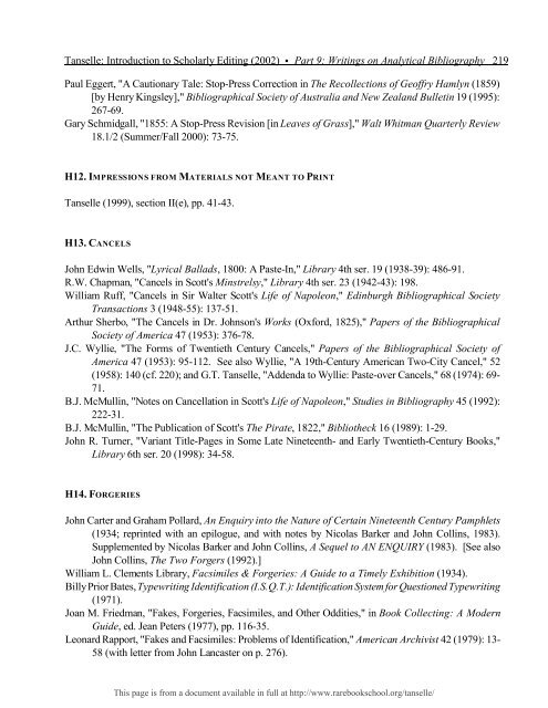 INTRODUCTION TO SCHOLARLY EDITING ... - Rare Book School