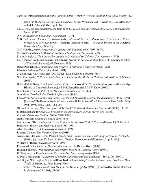 INTRODUCTION TO SCHOLARLY EDITING ... - Rare Book School