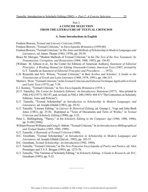 INTRODUCTION TO SCHOLARLY EDITING ... - Rare Book School