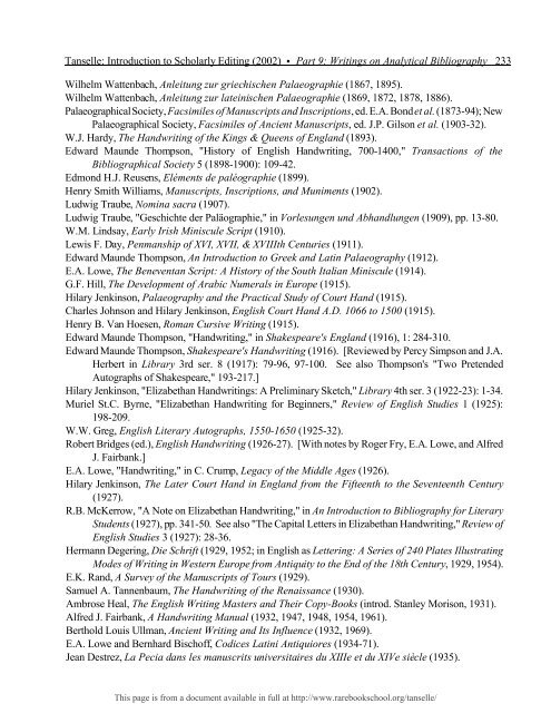 INTRODUCTION TO SCHOLARLY EDITING ... - Rare Book School