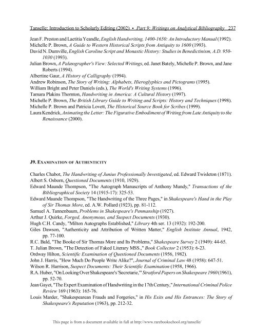 INTRODUCTION TO SCHOLARLY EDITING ... - Rare Book School
