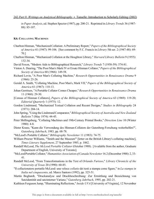 INTRODUCTION TO SCHOLARLY EDITING ... - Rare Book School