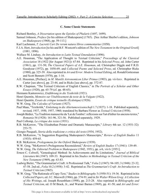 INTRODUCTION TO SCHOLARLY EDITING ... - Rare Book School