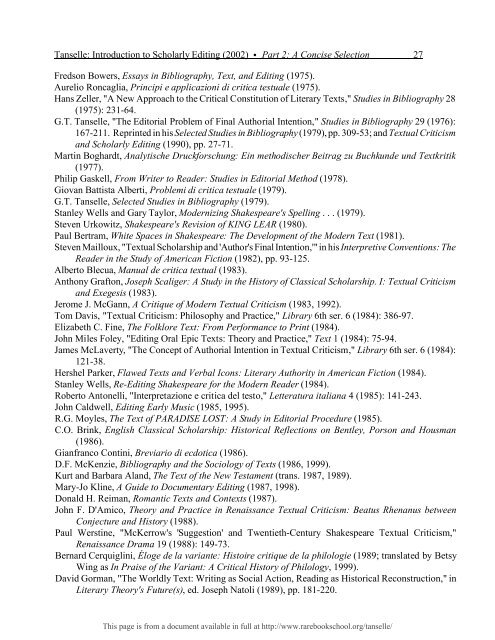 INTRODUCTION TO SCHOLARLY EDITING ... - Rare Book School