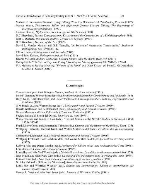 INTRODUCTION TO SCHOLARLY EDITING ... - Rare Book School