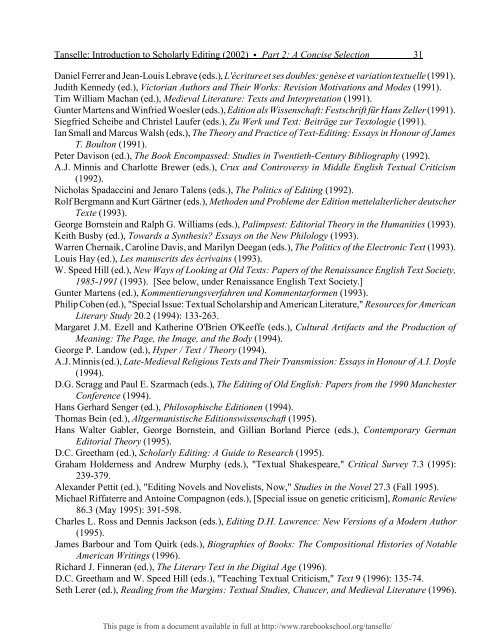 INTRODUCTION TO SCHOLARLY EDITING ... - Rare Book School