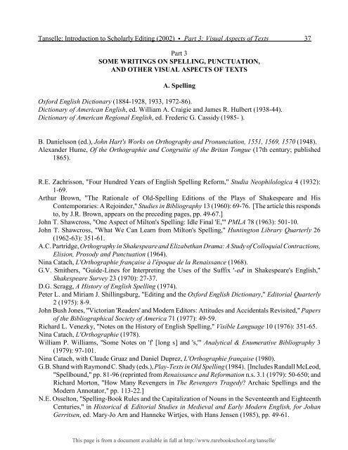 INTRODUCTION TO SCHOLARLY EDITING ... - Rare Book School