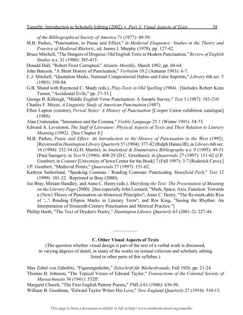 INTRODUCTION TO SCHOLARLY EDITING ... - Rare Book School