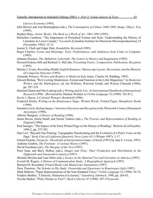 INTRODUCTION TO SCHOLARLY EDITING ... - Rare Book School