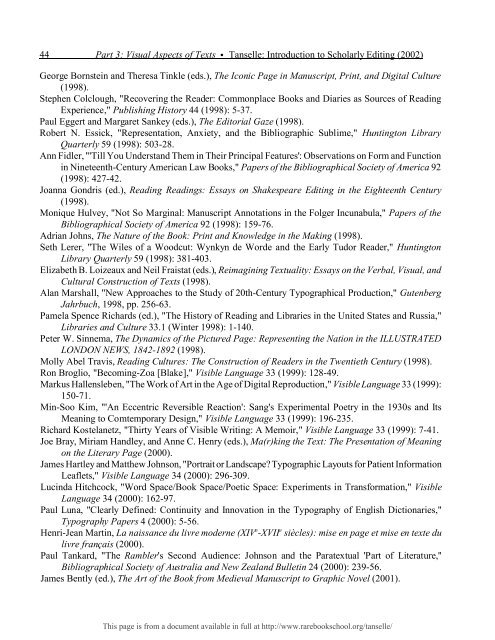 INTRODUCTION TO SCHOLARLY EDITING ... - Rare Book School