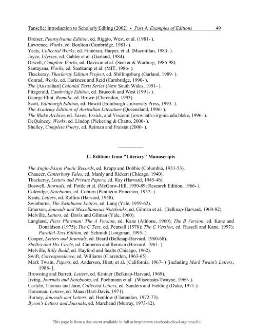 INTRODUCTION TO SCHOLARLY EDITING ... - Rare Book School