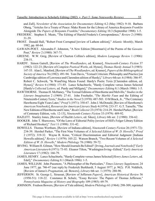 INTRODUCTION TO SCHOLARLY EDITING ... - Rare Book School