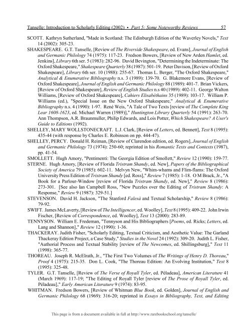 INTRODUCTION TO SCHOLARLY EDITING ... - Rare Book School
