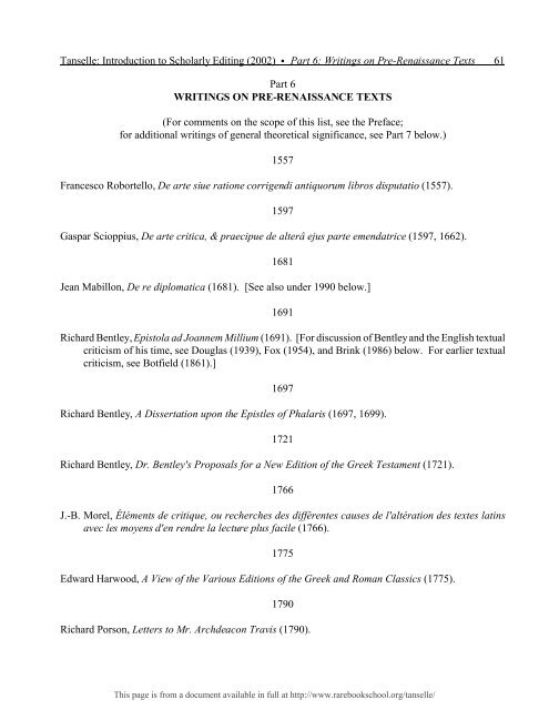 INTRODUCTION TO SCHOLARLY EDITING ... - Rare Book School