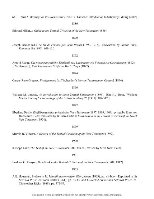 INTRODUCTION TO SCHOLARLY EDITING ... - Rare Book School