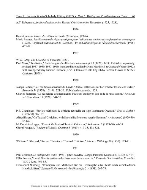 INTRODUCTION TO SCHOLARLY EDITING ... - Rare Book School
