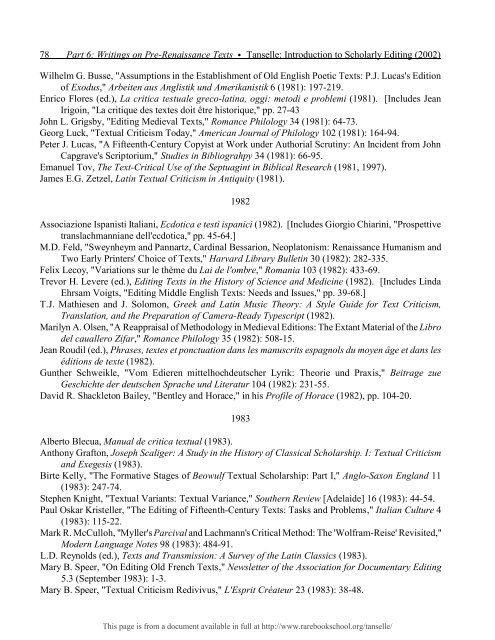 INTRODUCTION TO SCHOLARLY EDITING ... - Rare Book School
