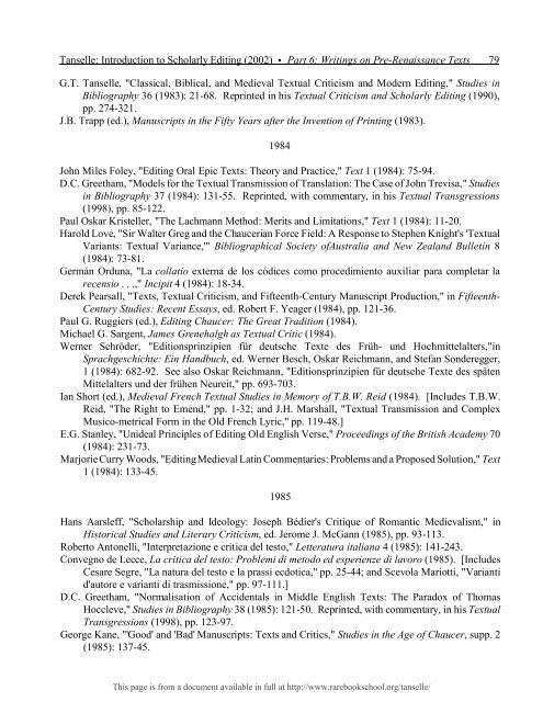 INTRODUCTION TO SCHOLARLY EDITING ... - Rare Book School