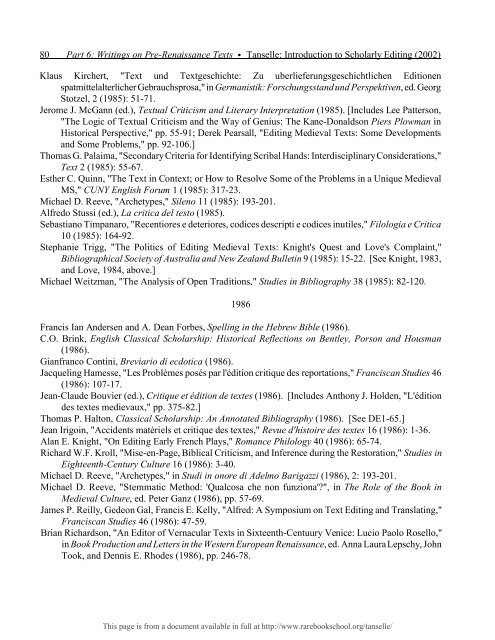 INTRODUCTION TO SCHOLARLY EDITING ... - Rare Book School