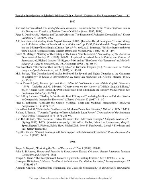 INTRODUCTION TO SCHOLARLY EDITING ... - Rare Book School