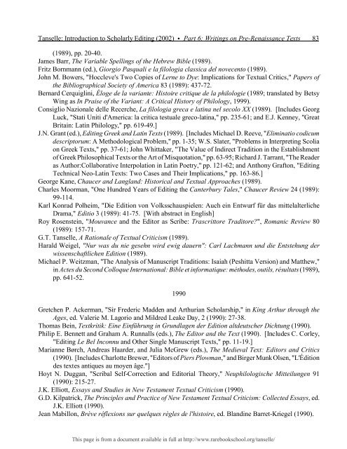 INTRODUCTION TO SCHOLARLY EDITING ... - Rare Book School
