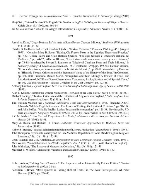 INTRODUCTION TO SCHOLARLY EDITING ... - Rare Book School