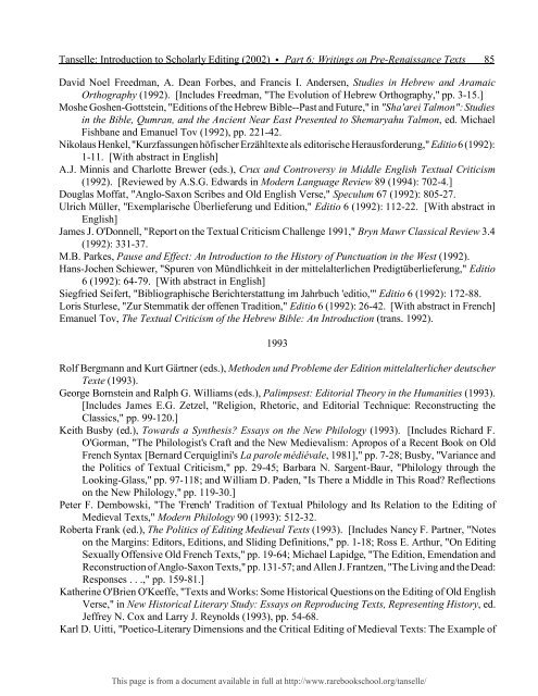 INTRODUCTION TO SCHOLARLY EDITING ... - Rare Book School