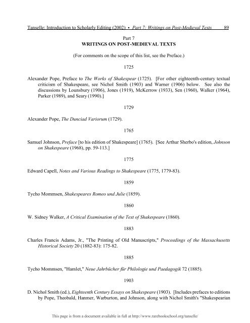 INTRODUCTION TO SCHOLARLY EDITING ... - Rare Book School