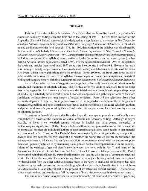 INTRODUCTION TO SCHOLARLY EDITING ... - Rare Book School