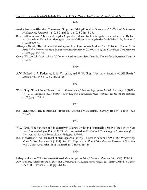 INTRODUCTION TO SCHOLARLY EDITING ... - Rare Book School