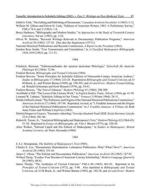 INTRODUCTION TO SCHOLARLY EDITING ... - Rare Book School
