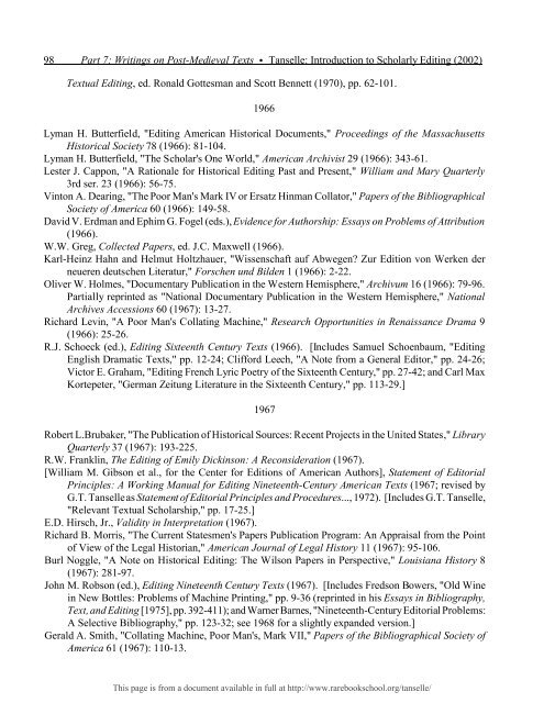 INTRODUCTION TO SCHOLARLY EDITING ... - Rare Book School