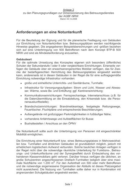 Anforderungen an eine Notunterkunft - AGBF NRW