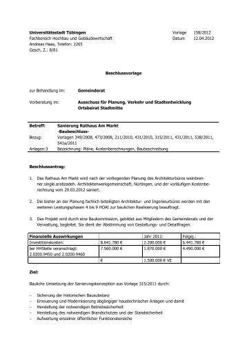 Kostenberechnung (1) nach DIN 276 - in Tübingen