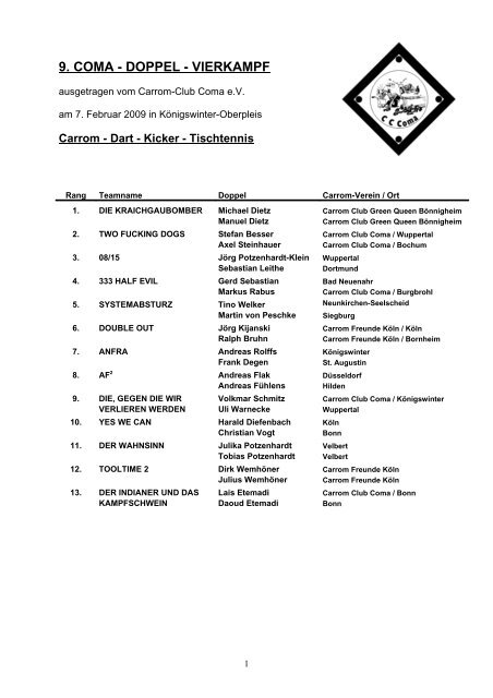 9. COMA - DOPPEL - VIERKAMPF - Carrom Club »Green Queen ...