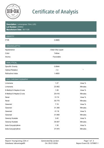 This pdf displays Lemongrass 15mL Lot 205842 Finished Goods Testing