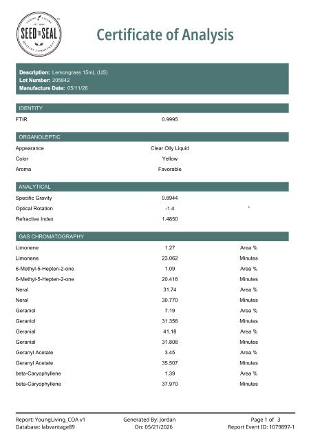 This pdf displays Lemongrass 15mL Lot 205842 Finished Goods Testing