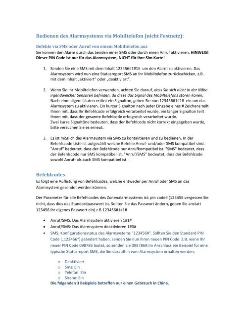 Bedienen des Alarmsystems via Mobiltelefon (nicht ... - Home Alarm