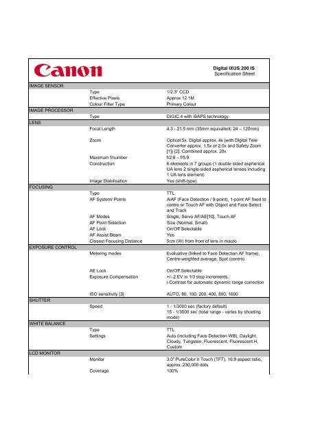 Download Digital IXUS 200 IS - Specification sheet (PDF - Canon
